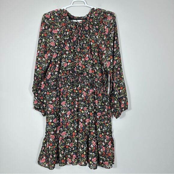 Old Navy Maternity Dress XXL Waist-Defined Black Floral Shine Gold Smocked Boho - Picture 5 of 14